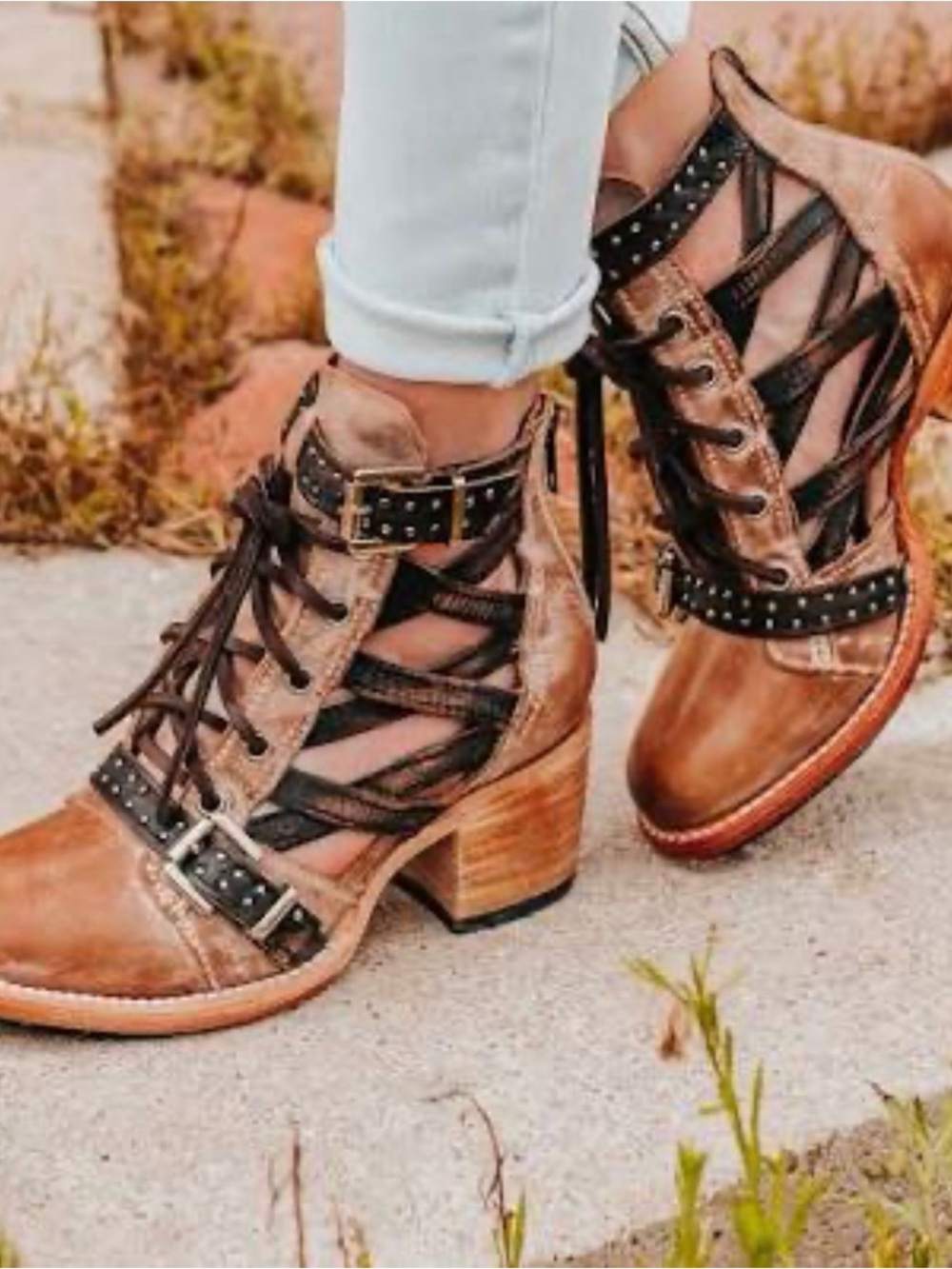 Freebird Cheyenne Ankle Boots 8 Tan Brown Leather Lace-Up Zip Strappy Block Heel